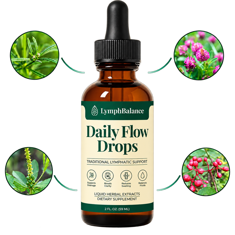 LymphBalance bottle surrounded by cleavers, stillingia root, red clover blossom and prickly ash bark